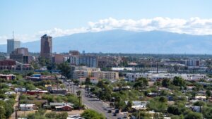a view of a city with mountains in the background