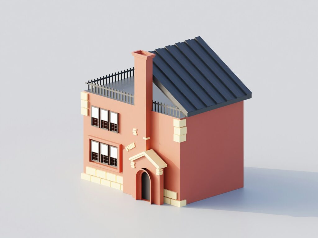 A pink cartoon house with a dark roof.