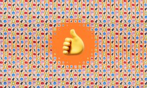 a thumbs up in front of a colorful background
